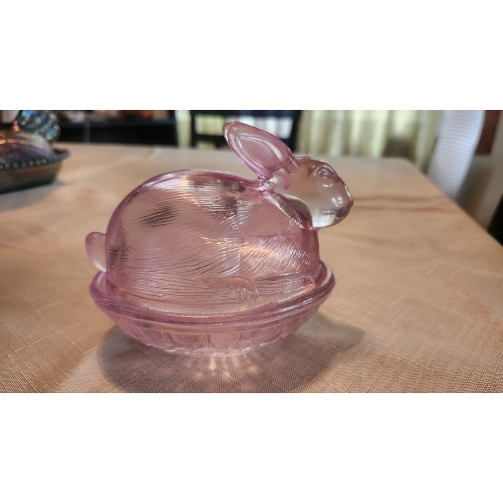 Vintage Pink Glass Bunny on Basket Nest Covered Candy Dish Rabbit 4.5" Long